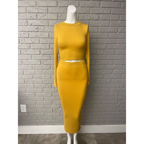 Fashion Love Women Yellow Long Sleeve Crop Top Maxi Bodycon Skirt Set Size S - Picture 2 of 6